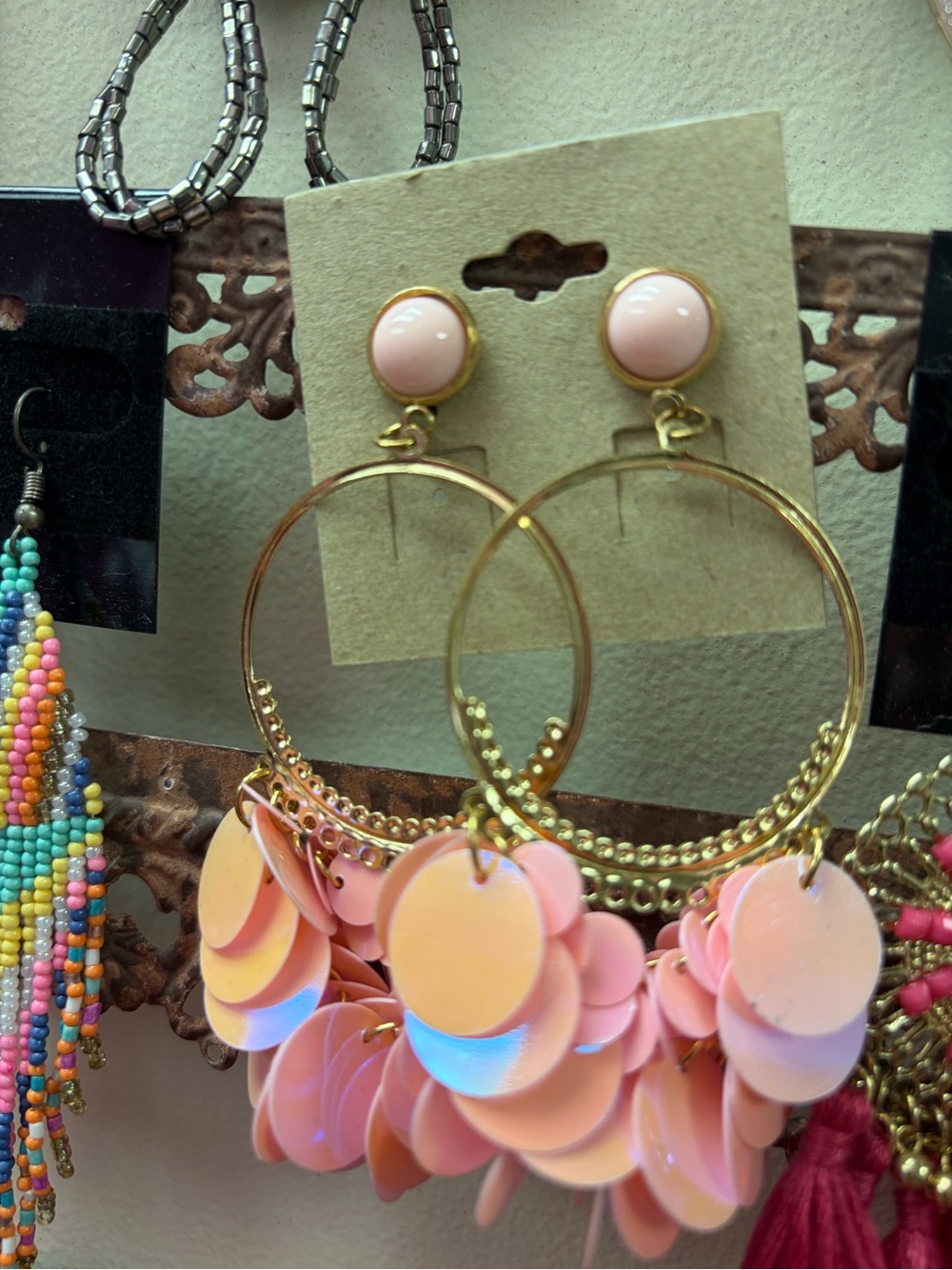 Gold Hoop Earrings with Pink Sequin Drops